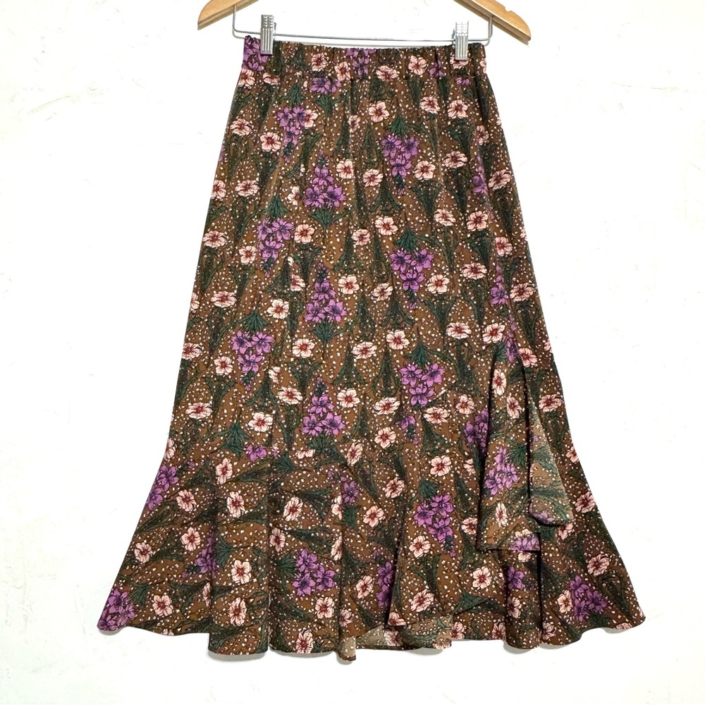 MAGJAY Brown Floral Midi Skirt Botanical Print Elastic Waist